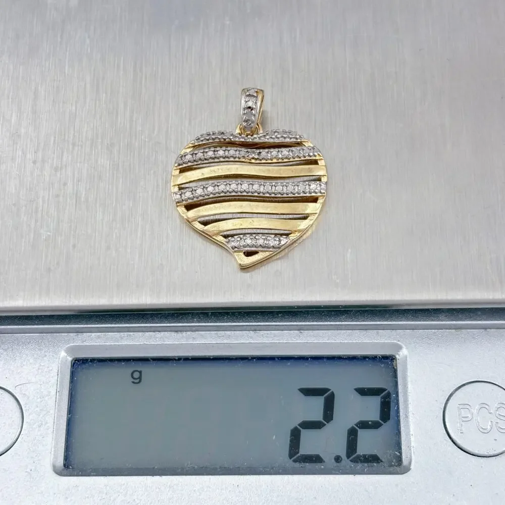 Vintage Gold-Tone Sterling Silver 925 Diamond Heart Pendant